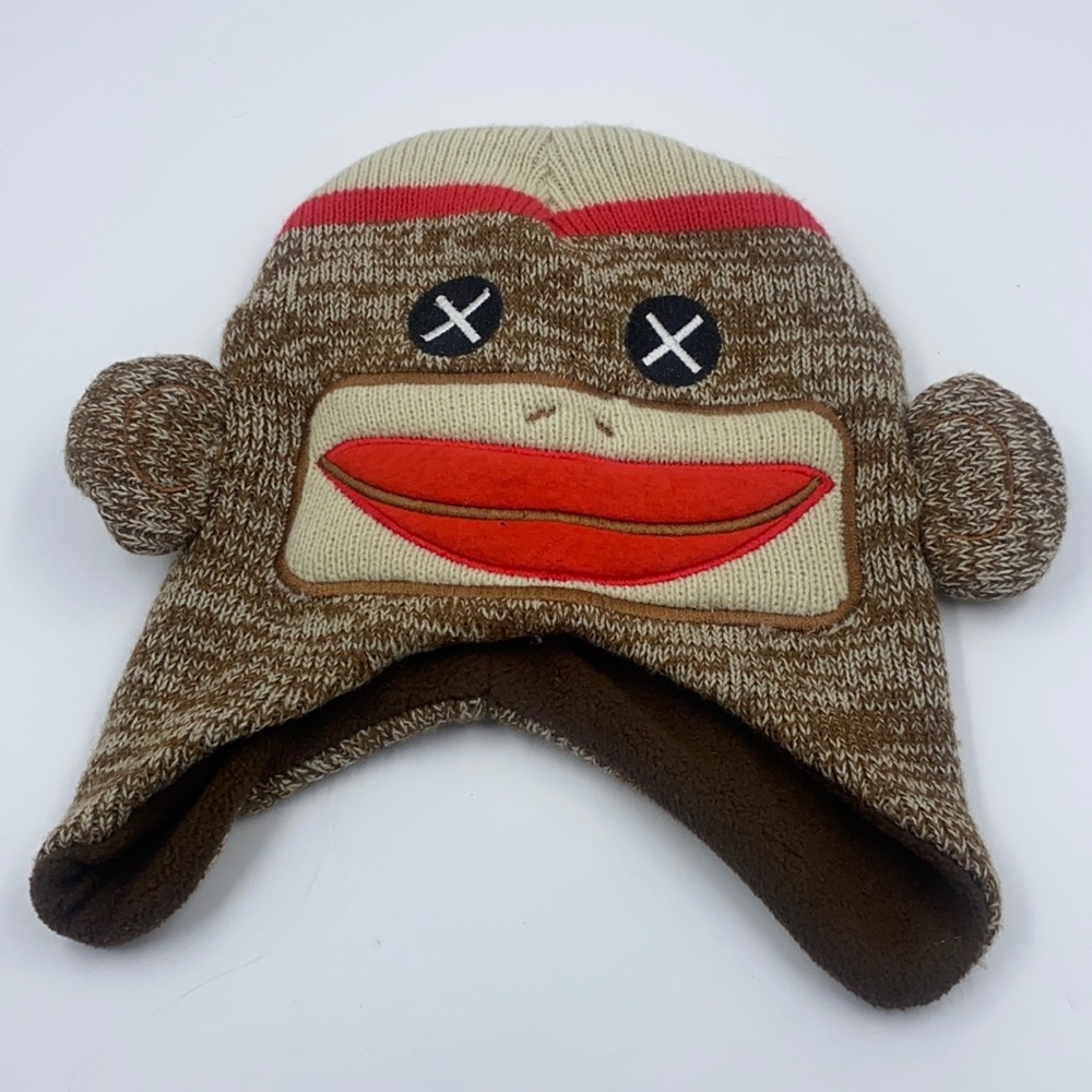 Sock Monkey Youth Knit Winter Hat OSFM Acrylic & Polyester Brown Red Beige